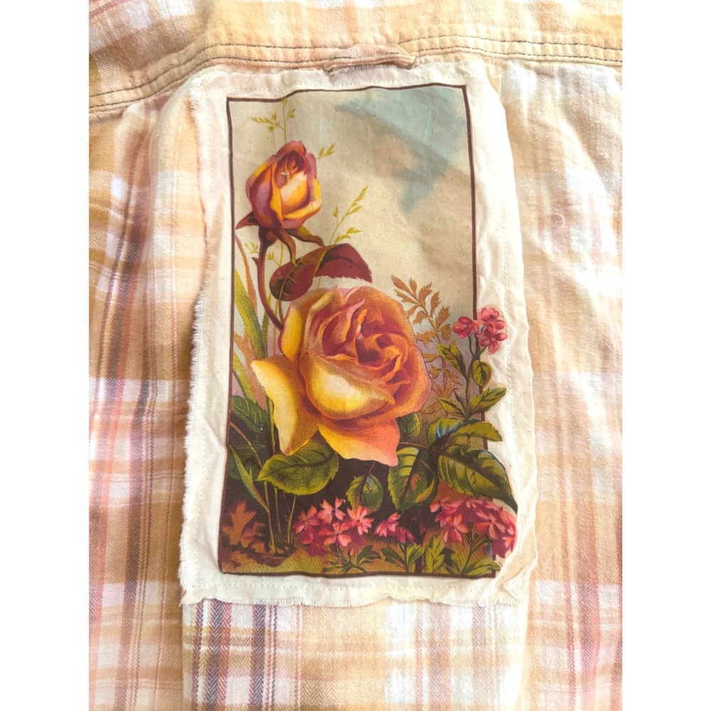 Upcycled Yellow‎ Rose Flannel Shirt Small Cotton Boho Folk Art